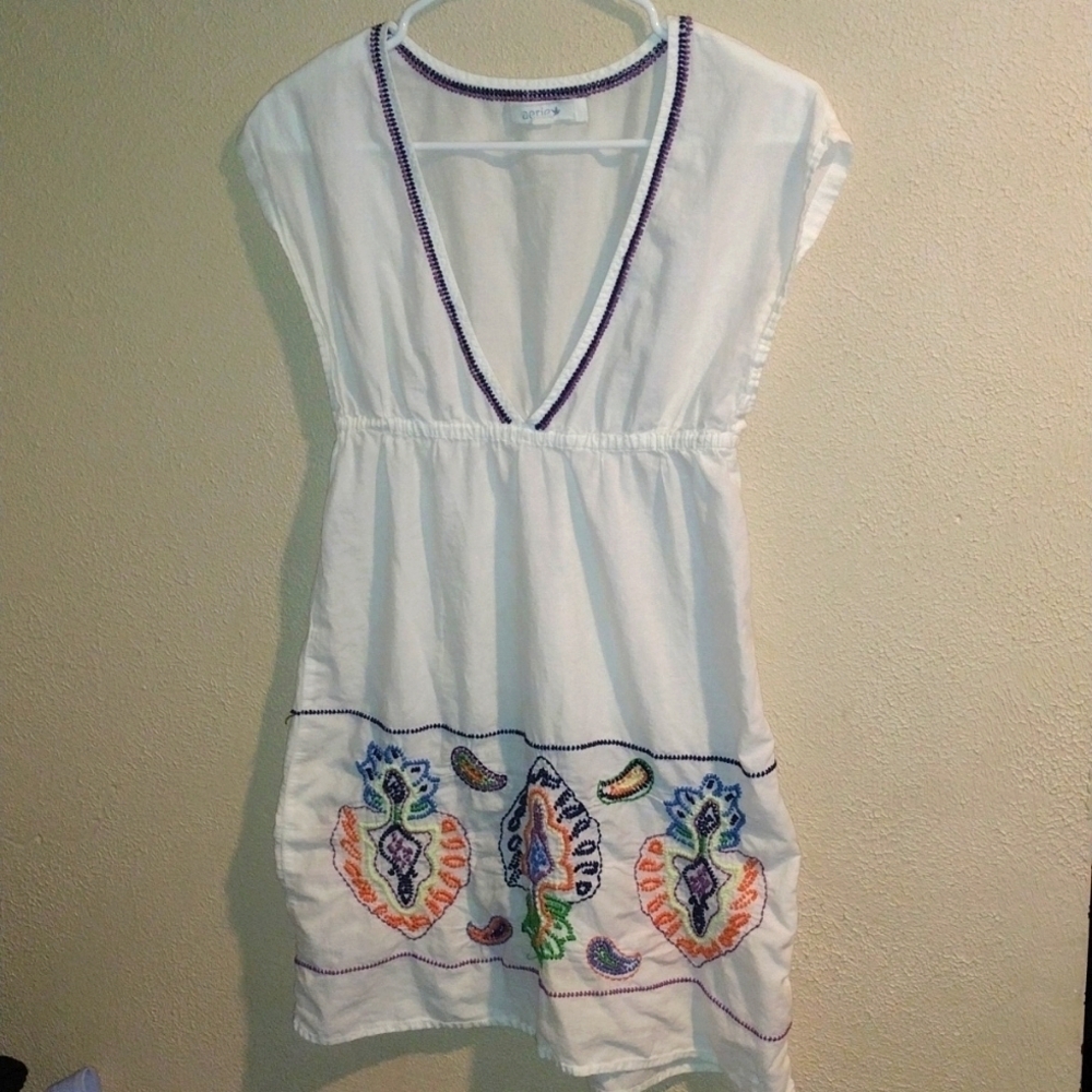 Aerie white Coverup embroidered 100% Cotton Tunic Length Top/Dress S